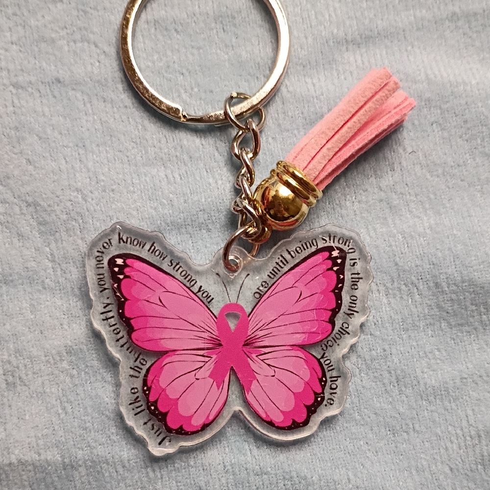 Pink Ribbon Uplifting Butterfly Keychain with Tassel